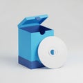 Open Blue and Dark Blue Box with a White CD or DVD Disc on a Light Gray Background optical disc Royalty Free Stock Photo