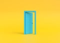 Open blue door in a room with a yellow background Royalty Free Stock Photo