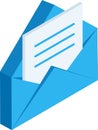Open blue envelope containing a letter with some writing on it, rendered in isometric projection, representing