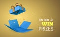 Open blue Gift Box and Confetti on yellow background. Enter to Win Prizes. Vector Illustration Royalty Free Stock Photo