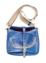 Open blue leather handbag with textile strap Royalty Free Stock Photo