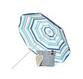 Open blue striped beach umbrella and accessories on white background Royalty Free Stock Photo
