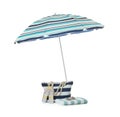 Open blue striped beach umbrella and accessories on white background Royalty Free Stock Photo