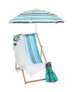 Open blue striped beach umbrella, deck chair, towel and diving equipment on white background Royalty Free Stock Photo