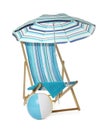 Open blue striped beach umbrella, deck chair, towel and inflatable ball on white background Royalty Free Stock Photo