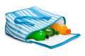 Open blue striped cooler bag with three cool refreshing drinks Royalty Free Stock Photo