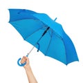 An open blue umbrella held by a hand is prominently displayed against a pure white background in this ai generated image. isolated Royalty Free Stock Photo