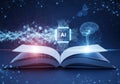 Open book with ai chip and glowing brain symbolizing knowledge and artificial intelligence Royalty Free Stock Photo