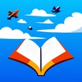 Open book with airplanes flying in the blue sky, vector illustration. generative AI Royalty Free Stock Photo