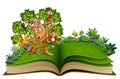 Open book with animals cartoon on the trees Royalty Free Stock Photo