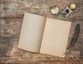 Open book antique office supplies wooden background flat lay Royalty Free Stock Photo