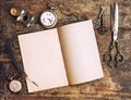 Open book and antique writing tools. Vintage style Royalty Free Stock Photo