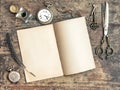 Open book and antique writing tools vintage Royalty Free Stock Photo