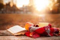 Open book, apple and yellow tea mug with warm scarf