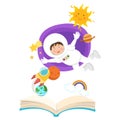 Open book astronaut in space concept of education.