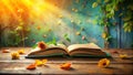 Open book with autumnal flowers on rustic wooden table in warm sunlight. Generative AI Royalty Free Stock Photo