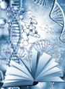 An open book on the background of image of stylized DNA chains