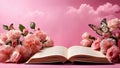 open book with beautiful flowers and butterflies on a pink sky background Royalty Free Stock Photo