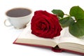 Open book with beautiful red rose and cup of coffee Royalty Free Stock Photo