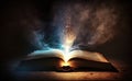 Open book Bible on wooden desk with mystic bright light fantasy light like holy spirit Royalty Free Stock Photo