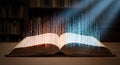 Open Book with Binary Code Overlay: Digital Knowledge and Information Flow Royalty Free Stock Photo
