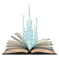 An open book with binary code, represented by ones and zeroes, rising Royalty Free Stock Photo