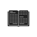 Open book black glyph icon. Book in expanded form, which can be immediately read. Pictogram for web page, mobile app, promo. UI UX