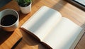 Open book with blank pages pen mug with coffee and small plant on wooden table in sunlight. Workspace with reading elements for Royalty Free Stock Photo