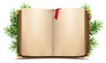 Open book with blank pages and red bookmark. Green Christmas pine branch Royalty Free Stock Photo