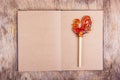 Open book with blank pages and a rooster on a stick. Lollipop on a stick in the form of a rooster on an empty sheet.