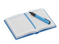 Open book with blue pen ready for note-taking isolated on white background Royalty Free Stock Photo