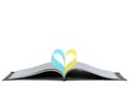 Open book with blue and yellow heart shaped pages on a white background.. The concept of education in Ukraine Royalty Free Stock Photo