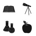 An open book with a bookmark, a telescope, flasks with reagents, a red apple. Schools and education set collection icons