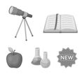 An open book with a bookmark, a telescope, flasks with reagents, a red apple. Schools and education set collection icons