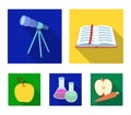 An open book with a bookmark, a telescope, flasks with reagents, a red apple. Schools and education set collection icons