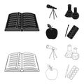 An open book with a bookmark, a telescope, flasks with reagents, a red apple. Schools and education set collection icons