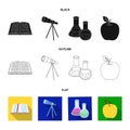 An open book with a bookmark, a telescope, flasks with reagents, a red apple. Schools and education set collection icons