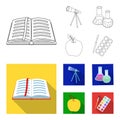 An open book with a bookmark, a telescope, flasks with reagents, a red apple. Schools and education set collection icons