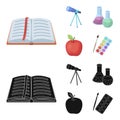 An open book with a bookmark, a telescope, flasks with reagents, a red apple. Schools and education set collection icons