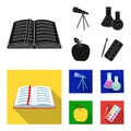 An open book with a bookmark, a telescope, flasks with reagents, a red apple. Schools and education set collection icons