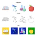 An open book with a bookmark, a telescope, flasks with reagents, a red apple. Schools and education set collection icons