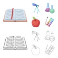 An open book with a bookmark, a telescope, flasks with reagents, a red apple. Schools and education set collection icons