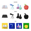 An open book with a bookmark, a telescope, flasks with reagents, a red apple. Schools and education set collection icons