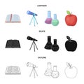 An open book with a bookmark, a telescope, flasks with reagents, a red apple. Schools and education set collection icons