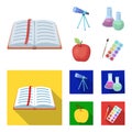 An open book with a bookmark, a telescope, flasks with reagents, a red apple. Schools and education set collection icons