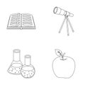 An open book with a bookmark, a telescope, flasks with reagents, a red apple. Schools and education set collection icons