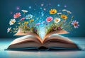 open book with a bouquet of wildflowers in a magical style on a blue background. Royalty Free Stock Photo