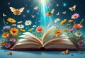 open book with a bouquet of wildflowers in a magical style on a blue background. Royalty Free Stock Photo