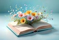 open book with a bouquet of wildflowers in a magical style on a blue background. Royalty Free Stock Photo