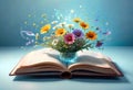 open book with a bouquet of wildflowers in a magical style on a blue background. Royalty Free Stock Photo